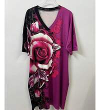 大码女式 V 领中长款碎花休闲宽松流行中长连衣裙，欧美风格