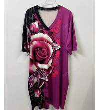 Plus Size Women V-Neck Mid-Length Floral Casual Loose Popular Midi Dress, European & American Style