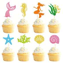24pcs Creative Starfish, Seahorse, Shell, Mermaid Cake Topper Picks, Summer Mermaid Ocean Theme Birthday Party Decoration