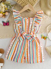 Young Girl Casual Striped Print Ruffle Hem Sleeveless Jumpsuit, Beach Vacation Gift For Summer - Multicolor - View 1