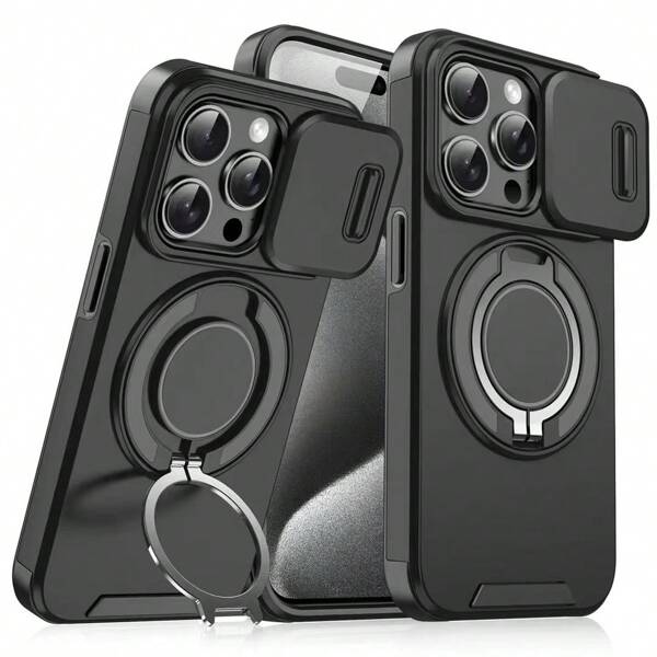 Funda de teléfono móvil compatible con iPhone 16/15/14/13/12/11/Pro/Pro Max/Plus, con tapa deslizante para la cámara + [protección total de la cámara], con soporte giratorio de 360° / soporte magnético para coche / funda protectora mate y a prueba de golpes