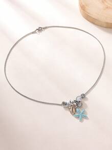 1 peça elegante e versátil colar de aço inoxidável com pingente de pérola, cristal e concha feito à mão para mulheres, adequado para praia, festa, viagem, ocasiões casuais