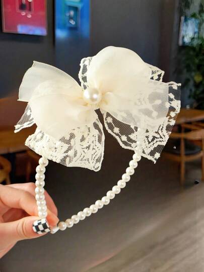 1pc Girls' Fashionable Lace, Pearl & Bow Decor Hair Hoop