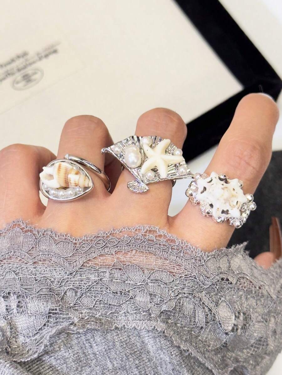 1 件时尚、优雅、独特设计的夸张海洋系列防水不对称人造海星和贝壳装饰珍珠堆叠戒指，适合男士和女士，非常适合夏季假期/日常/派对/沙滩装，送给朋友和姐妹的完美礼物 - 彩色 - 查看 1