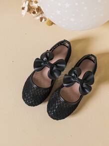 1 Pair Girls' Mesh Bowknot Flat Shoes, Spring/Summer - Black - View 3