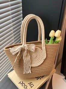 Two Tone Straw Bag Medium Double Handle Vacation,School Bag,Large Capacity,Portable,For Teen Girls Women College Students,White-Collar Workers,Perfect For Work, Back To School,Middle School,High School,College,Vacation, Vacation Bag For Summer, Beach Purse, Perfect For Summer, Vacation & Daily Use
