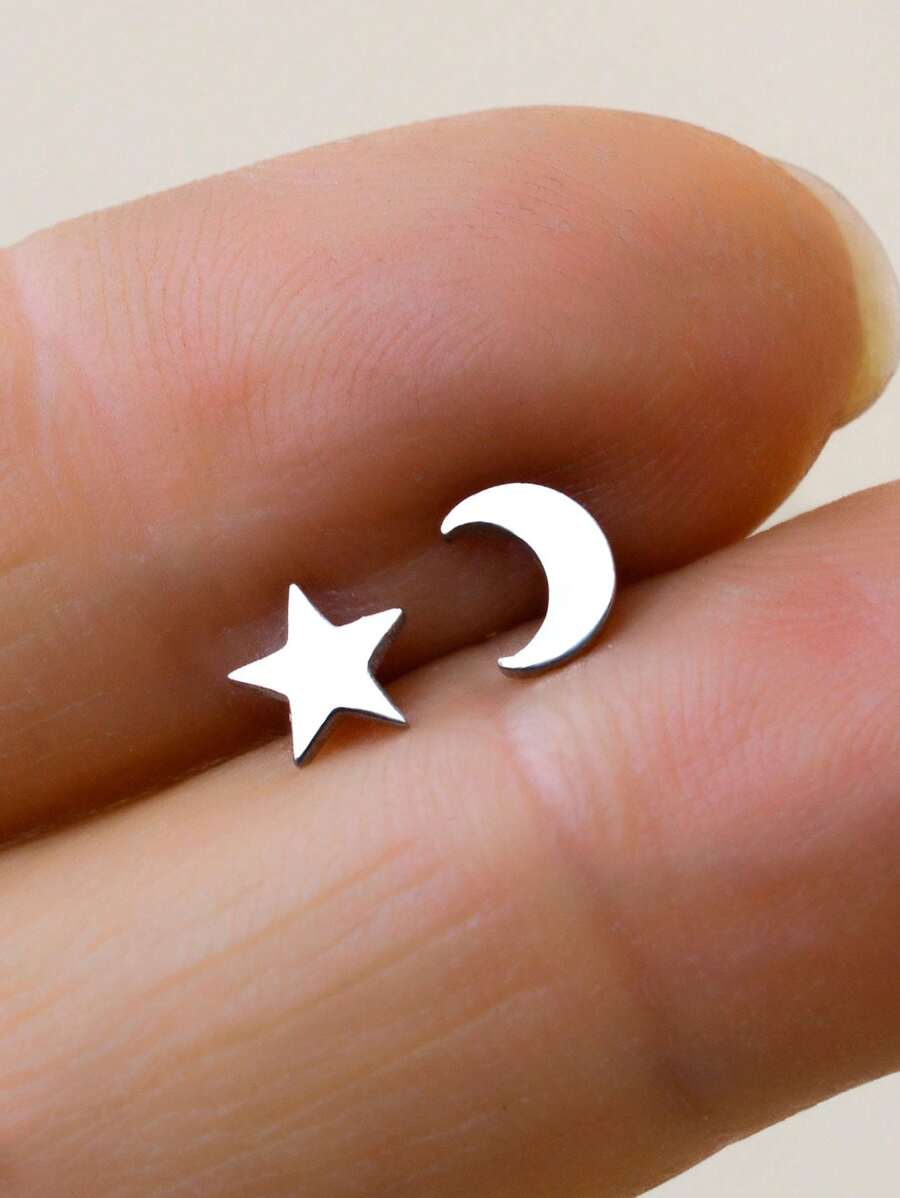 2Pcs/Set Simple Piercing Stud Earrings Stainlesss Steel Mini Small Moon Star Asymmetric Earring For Women Cartilage Helix Tragus Conch Flat Rook Snug Ear Piercing Jewelry - A Set Of Asymmetrical Ball Star and Moon Earrings - View 1
