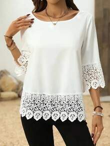 [Plus Size] White Plus Size Women Plus Size Polyester Crew Neck Blouse, Short Sleeve, Suitable For Spring/Summer - White - View 4