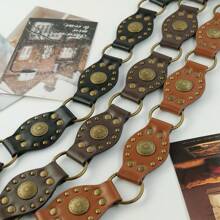 1pc Western Cowgirl Style Retro Waist Belt, American Vintage Metal Rivet Eyelet Patchwork Wide Waist Band, Punk & Personalized Summer, School