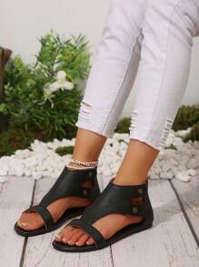 2025 Summer Outdoor Solid Color Comfortable Patchwork Zipper Back Flat Plus Size Women Roman Sandals
