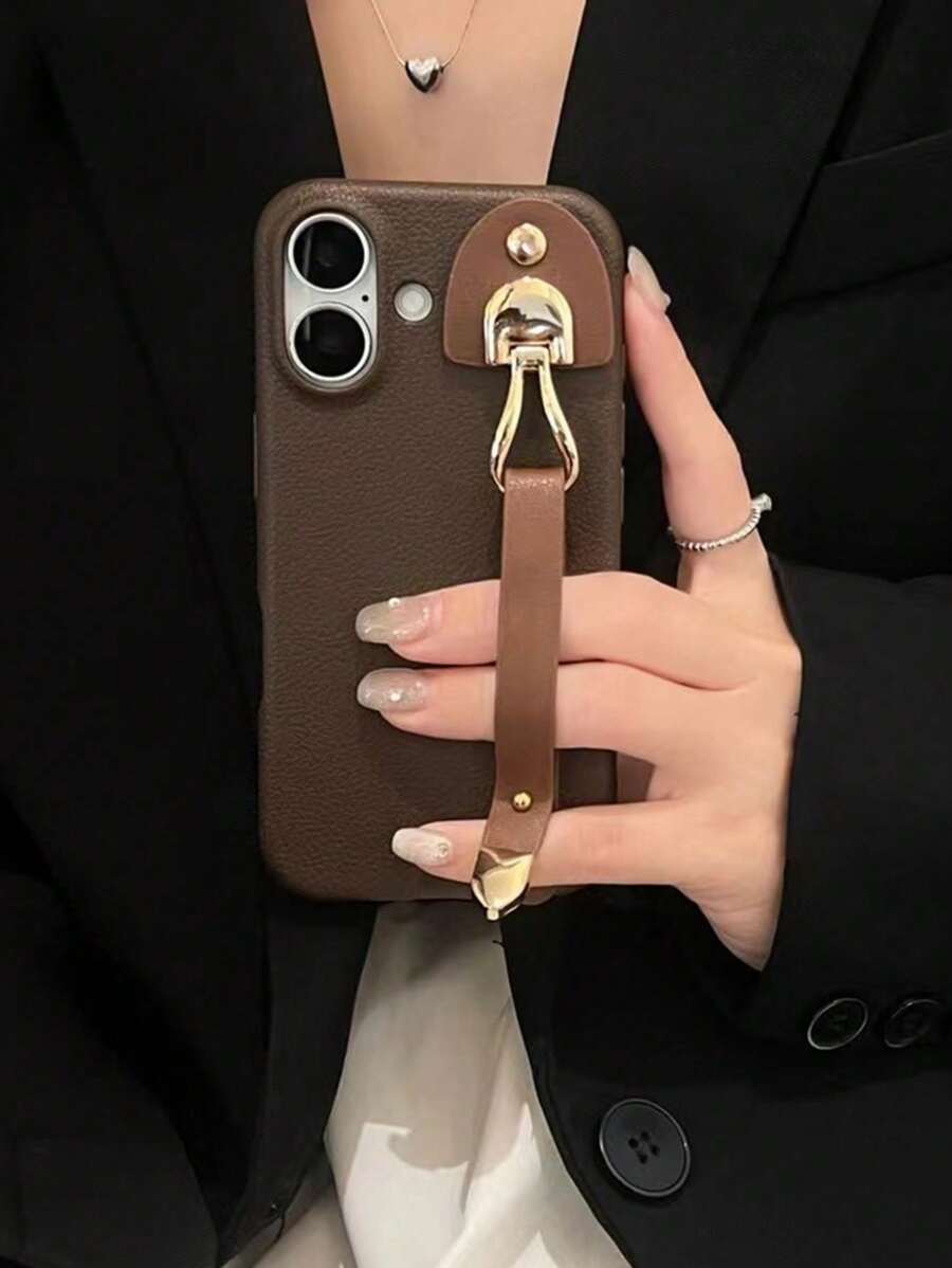 Casing Lembut Tali Pergelangan Tangan Kulit Vintage Kompatibel dengan iPhone 16 Plus, 15 Pro Max, 14, 13, 12, 11, 17 Pro Max, 17 Pro, 17, Casing Anti Jatuh Mewah Kreatif Berkualitas Tinggi dan Tahan Lama - Coklat - View 1