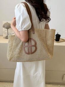 Fashion Summer Straw Beach Tote Bag, Large Capacity Women Shoulder Bag, Eye-Catching Beach Bag Summer, Summer Straw Beach Bag For Women - Brown - View 5