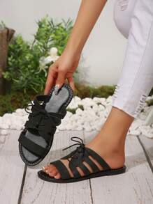 2025 Summer Outdoor Comfy Open Toe Lace Up Flat Sandals, Plus Size