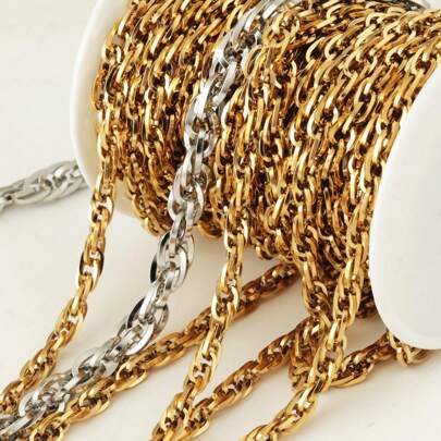 Ahknormailcui Correntes redondas punk de aço inoxidável hipoalergênicas de 1 metro achatadas para fazer correntes decorativas de colar/pulseira/suéter/bolsa de ombro, correntes onduladas grossas de hip-hop estilo de rua banhadas a ouro 18K para acessórios de artesanato de joias faça você mesmo