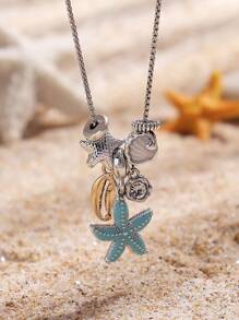 1 peça elegante e versátil colar de aço inoxidável com pingente de pérola, cristal e concha feito à mão para mulheres, adequado para praia, festa, viagem, ocasiões casuais