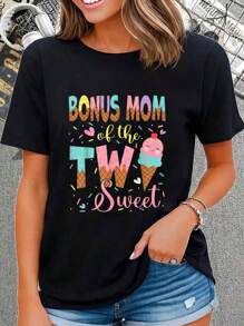 Camisa de cuello redondo de manga corta de algodón para mujeres, "Bonus Mom of the Two Sweet 2nd Birthday Girl Ice C"