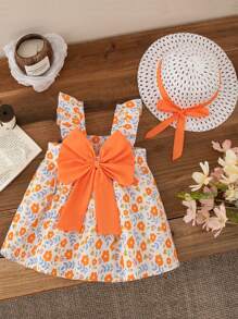 2 pièces Tenue d'été pour petites filles, robe à nœud et chapeau floral sans manches, orange, tenue décontractée pour tous les jours