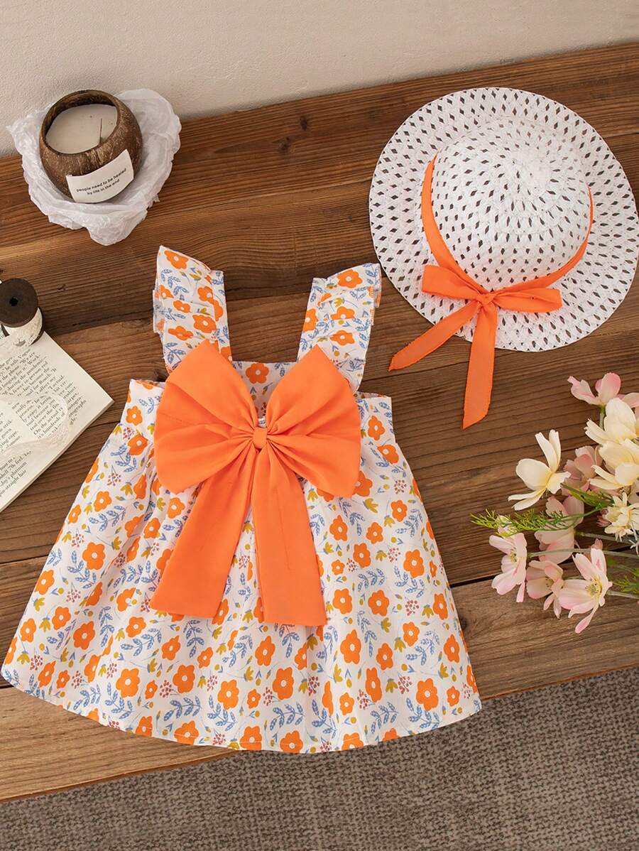 2 pièces Tenue d'été pour petites filles, robe à nœud et chapeau floral sans manches, orange, tenue décontractée pour tous les jours