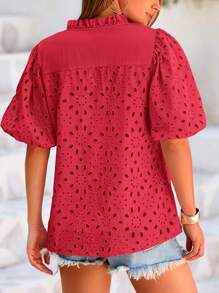 Women's Casual Summer V Neck Puff Short Sleeve Hollow Out Eyelet Embroidery Button Spring Fashion Beach Vacation Holiday Dressy Boho Shirt Blouse Top Outfits - Đỏ - Xem 2