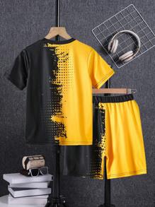 2 Pieces Set Tween Boys Casual Patchwork King Print Short Sleeve T-Shirt & Matching Shorts, Spring/Summer