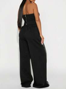 Women 2Pcs Fall/Summer Casual Form-Fitting Zip-Up Tube Top And Drawstring Elastic Waist Straight Leg Pants Set, Festival Concert Women Rave Outfits - Black - View 5