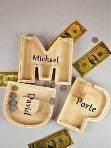 1 pièce Tirelire créative et mignonne en acrylique et bois avec lettres de l'alphabet de A à Z, personnalisable. Décoration pour la maison, cadeau idéal pour les amis, anniversaires, la fête des enseignants, Pâques