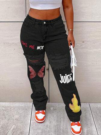 Young Stylish Multi-Graphic Print Casual Jeans