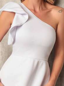 Elegant White Midi Dress For Bride One Shoulder Civil Wedding - White - View 5