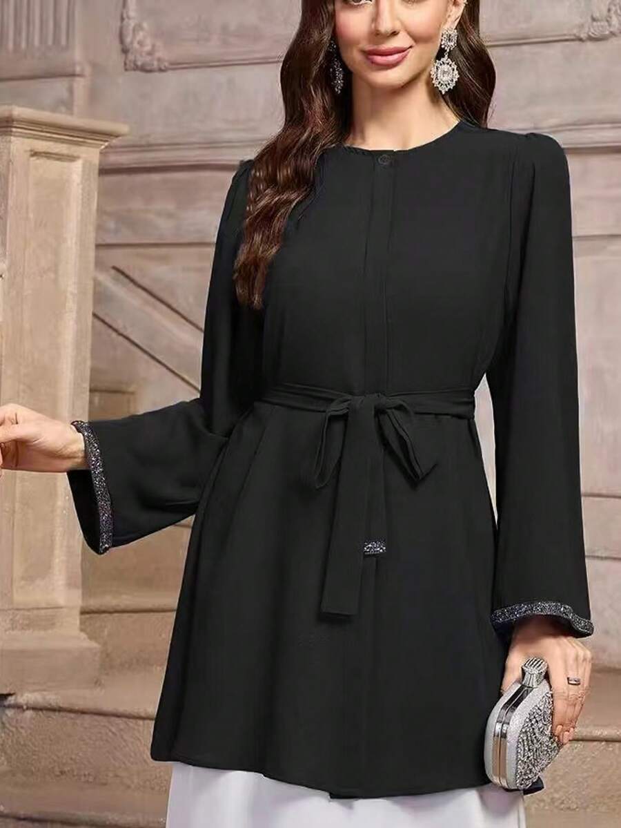 Elegant Turkish Kaftan Blouse With Rhinestone Decor, Long Sleeve With Belt - Black - View 1