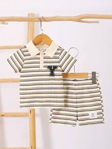 2 pièces/Ensemble Top décontracté à texture tricotée avec col polo et lettre brodée, et pantalon. Ensemble d'été