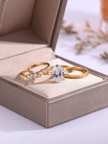 3pcs/Set Luxury Elegant S925 Sterling Silver Oval Cubic Zirconia Ring Set, Suitable For Women Wedding Engagement Party Daily Wear Anniversary Holiday Gift