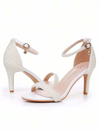 8厘米象牙色珍珠宴会凉鞋，春夏时尚铆钉露趾高跟系带凉鞋，适合新娘、婚礼、周年纪念、情人节、毕业典礼、舞台、女士超高跟凉鞋、派对