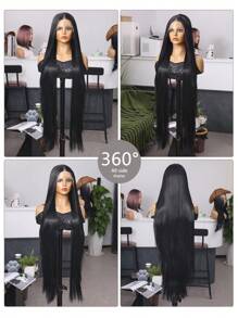 Halloween kostuumpruik T-stuk kantpruiken met babyhaar 13x4x1 synthetische vezel geïmporteerd uit Japan 40 inch zwart extra lang steil haar synthetische vezel hittebestendige pruik elastische mesh-kap geschikt voor verschillende rassen dagelijkse bijeenkomsten, hoogwaardige natuurlijke en mooie synthetische zachte nepvezelhaar voor vrouwen