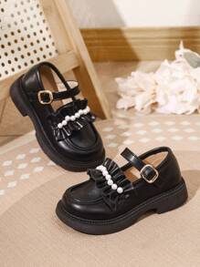 1 paire de chaussures filles mode en dentelle, faux perle, avec fermeture crochet et boucle antidérapante, convient pour l'école, l'extérieur, le port quotidien, toutes les saisons
