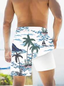 Men's Casual Double-Layer Beach Shorts With Hawaiian Style Tropical Coconut Tree Pattern, Drawstring And Pockets - Fashionable Summer Beach And Holiday Casual Shorts - Men's - Suitable For Summer - Perfect Gift For Beach Lovers And Vacationers - Multicolor - View 2