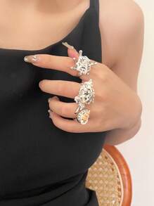 1 件时尚、优雅、独特设计的夸张海洋系列防水不对称人造海星和贝壳装饰珍珠堆叠戒指，适合男士和女士，非常适合夏季假期/日常/派对/沙滩装，送给朋友和姐妹的完美礼物 - 彩色 - 查看 7