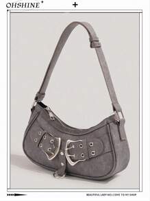 1 件 PU 皮革简约新月形单肩包/腋下包，百搭休闲/办公手提包，Y2K 风格斜挎包 - 灰色 - 查看 1