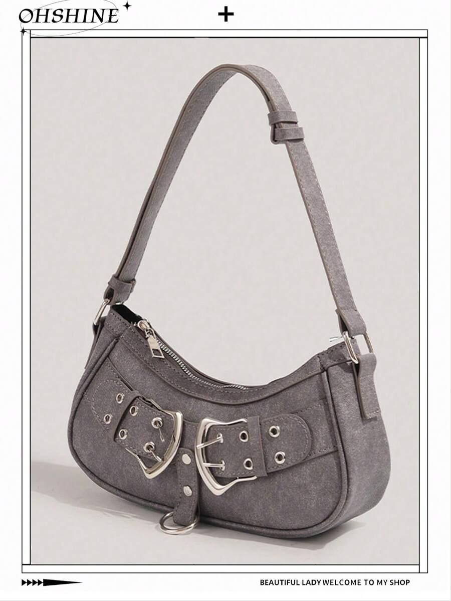 1 件 PU 皮革简约新月形单肩包/腋下包，百搭休闲/办公手提包，Y2K 风格斜挎包 - 灰色 - 查看 1