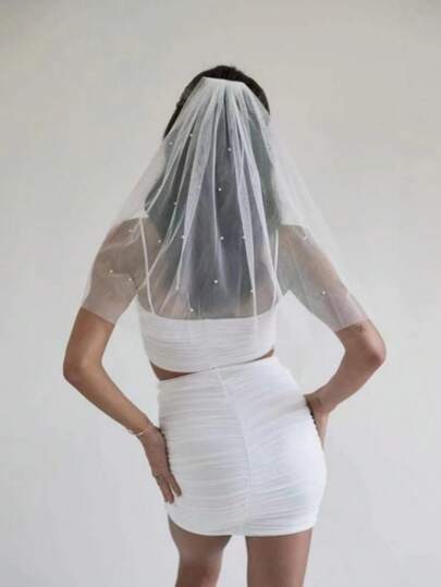 1 Piece Simple Bridal Wedding Pearls Veil, Handmade Single Layer White Pearl Veil Fall Clothes For Women
