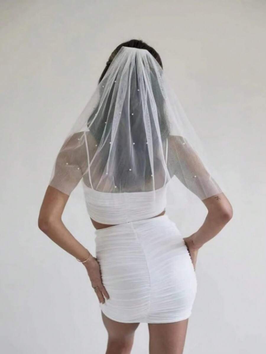 1 Piece Simple Bridal Wedding Faux Pearls Veil, Handmade Single Layer White Faux Pearl Veil Fall Clothes For Women Valentine's Day Accessories - White - View 1