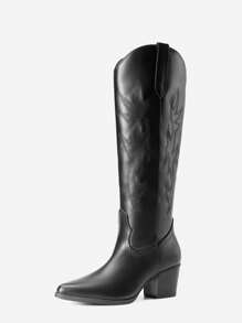 Embroidered Western Boots For Women Comfortable Chunky Heel Pull On Zipper Pointed Toe Knee High Boots Vintage Cowgirl Cowboy Ridding Vacation Boots - Black - View 4