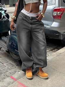 Women's Vacation Style Y2K Washed Distressed Wide Leg Jeans Casual Spring - Grey - View 4