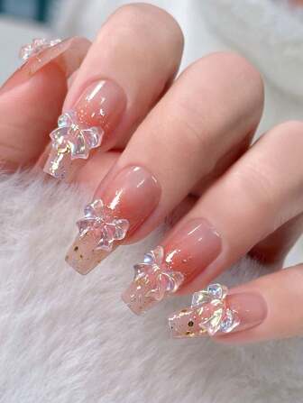 24pcs Pink Gradient Aurora Butterfly Coffin-Shaped Acrylic Nail Tips, Elegant And Cute Detachable Nail Stickers Suitable For Daily Wear, Comfortable And Easy To Apply/Remove For Women And Girls Press On Nails