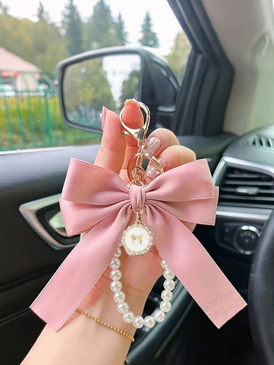 Chic Bow And Pearl Beaded Keychain Wristband, Butterfly Pendant Design, Suitable For Keys, Wallets, Mobile Phones, Fashionable Women'S Accessories With Gold Details, Bow Pearl Jewelry Buckle Pendant, Perfect Bag Pendant. - Multicolor - View 1
