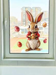 1 pieza Pegatinas de ventana con diseños de conejo de Pascua y huevos de colores, pegatinas de PVC con pintura electrostática de doble cara, diseño de lindo conejo de dibujos animados, adecuado para decoración del hogar de primavera