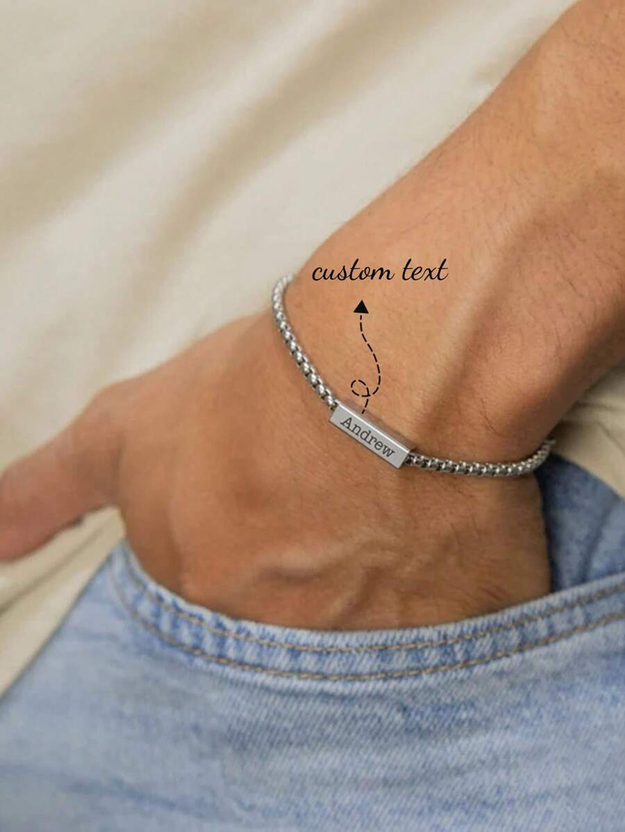 男士定制名字手链，防水银质雕刻手链，适合男士，送给爸爸的礼物，送给男朋友的圣诞礼物，盒链手链