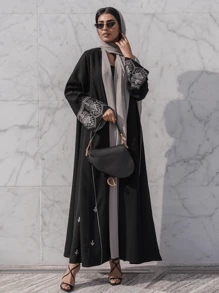 Fashionable Vintage Embroidered Patchwork Abaya Robe, Long Cardigan, Modest Kaftan - Black - View 3