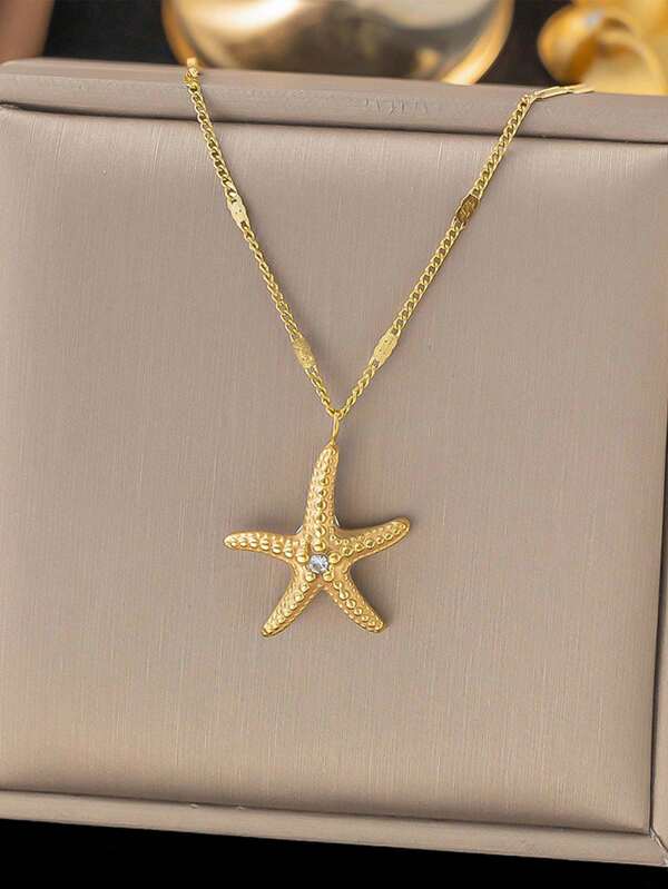 1pc Casual INS 2025 New 18K Gold Stainless Steel High Protection Radiant Gold Starfish Pendant Necklace, Suitable For Women Beach Vacation Wear, Waterproof, Jewelry Accessory, Gift (No Gift Box Included)