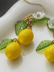 2 Pcs Original Summer Style Sweet Resin Yellow Green Lemons Flowers Dangle Earrings For Women Daily Wear