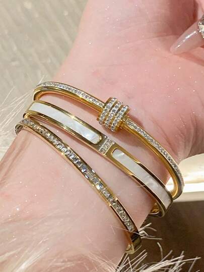 1 件多色小腰手链，金色、银色玫瑰金手链时尚、简约百搭、高端、轻奢、创意、满钻、小腰不锈钢手链，适合女士聚会和日常佩戴，欧式风格，大方个性化，奢华锆石腕带，婚礼首饰套装，送给女孩、女士、亲戚、朋友、生日、情人节、母亲、母亲节、礼物。